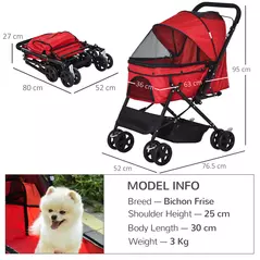 PawHut Pet Stroller Pushchair Foldable Travel Dog Cat Carriage w/ Reversible Handle Brake Basket - 3