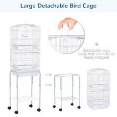 PawHut Bird Cage Budgie Cages for Finch Canary Parakeet with Stand Wheels Slide-out Tray Accessories Storage Shelf, White 46.5 x 36 x 157 cm - 4
