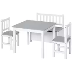 HOMCOM 4-Piece Kids Table and Chair Set with 2 Wooden Chairs, 1 Storage Bench, and Interesting Modern Design, Grey/White - 1