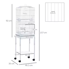 PawHut Bird Cage Budgie Cages for Finch Canary Parakeet with Stand Wheels Slide-out Tray Accessories Storage Shelf, White 46.5 x 36 x 157 cm - 3