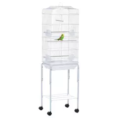 PawHut Bird Cage Budgie Cages for Finch Canary Parakeet with Stand Wheels Slide-out Tray Accessories Storage Shelf, White 46.5 x 36 x 157 cm - 1
