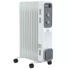 HOMCOM 2000W Oil Filled Radiator, 9 Fin, Portable Electric Heater with 3 Heat Settings, Safety Cut-Off and Wheels, White - 1