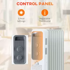 HOMCOM 2000W Oil Filled Radiator, 9 Fin, Portable Electric Heater with 3 Heat Settings, Safety Cut-Off and Wheels, White - 5