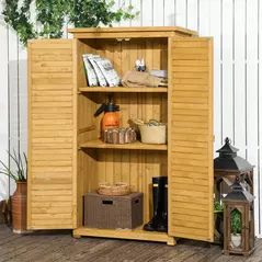 Outsunny Wooden Garden Storage Shed, Compact Utility Sentry Unit, 3-Tier Shelves Tool Cabinet Organizer with Asphalt Roof and Shutter Design, 87cm x 47cm x 160cm - 2