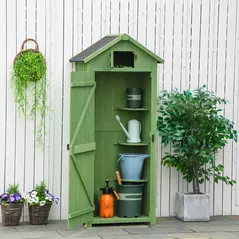 Outsunny Small Shed, Tall Slim Wooden Garden Shed with 3 Removable Shelves and Roof Hatch, Compact Outdoor Tool Storage Cabinet with Asphalt Roof and Door Latch, 77 x 54.2 x 179 cm, Green - 2