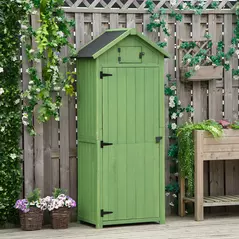 Outsunny Small Shed, Tall Slim Wooden Garden Shed with 3 Removable Shelves and Roof Hatch, Compact Outdoor Tool Storage Cabinet with Asphalt Roof and Door Latch, 77 x 54.2 x 179 cm, Green - 7