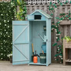 Outsunny Garden Shed Vertical Utility 3 Shelves Shed Wood Outdoor Garden Tool Storage Unit Storage Cabinet, 77 x 54.2 x 179cm - Blue - 2