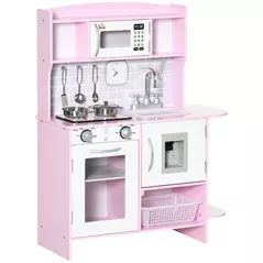 HOMCOM Kids Kitchen Playset, with Lights, Sounds, Microwave, Sink and Storage - Pink - 1