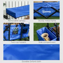 Outsunny Folding Trolley Cart Storage Wagon Beach Trailer 4 Wheels with Handle Overhead Canopy Cart Push Pull for Camping, Blue - 7