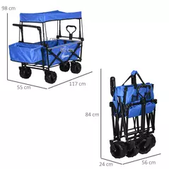 Outsunny Folding Trolley Cart Storage Wagon Beach Trailer 4 Wheels with Handle Overhead Canopy Cart Push Pull for Camping, Blue - 3