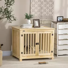 PawHut Wooden Dog Crate, with Double Doors, Cushion, for Medium Dogs - Natural Finish - 2