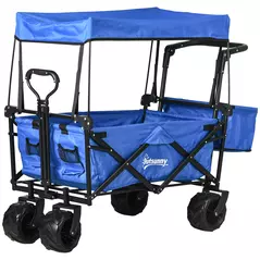 Outsunny Folding Trolley Cart Storage Wagon Beach Trailer 4 Wheels with Handle Overhead Canopy Cart Push Pull for Camping, Blue - 1