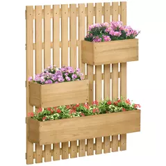 Outsunny Wall-mounted Wooden Garden Planters with Trellis, Drainage Holes and 3 Planter Boxes for Patio, Natural - 1