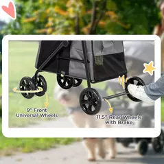 PawHut Dog Pram Dog Stroller 4 Wheels Pet Pushchair with Rolling Door, Cushion, Safety Leashes, for Small and Medium Breeds, Grey - 6