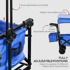 Outsunny Folding Trolley Cart Storage Wagon Beach Trailer 4 Wheels with Handle Overhead Canopy Cart Push Pull for Camping, Blue - 5