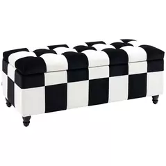 HOMCOM Storage Ottoman, Storage Bench with Wood Legs, Footstool, Footrest with Velvet Surface for Bedroom, Hallway, Living Room, 114 x 47 x 47 cm, White and Black - 1