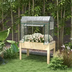 Outsunny Wooden Planter Box with Greenhouse Cover and Bed Liner, Raised Garden Bed for Vegetables, Flowers, Herbs - 2