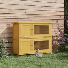 PawHut Double Decker Rabbit Hutch 2 Tier Guinea Pig House Pet Cage Outdoor with Sliding-out Tray, 97 x 44 x 91cm, Yellow - 2