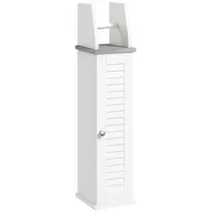 kleankin Slim Bathroom Floor Cabinet with Cupboard, Roll Holder and Adjustable Shelf, Toilet Roll Storage Unit for Toilet Paper, Shampoo, White - 1