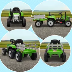 HOMCOM Ride On Tractor, Battery Powered Electric Car, with Detachable Trailer, Remote Control, Music - Green - 9