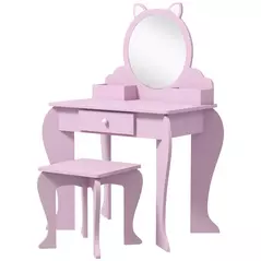 ZONEKIZ Kids Vanity Table with Mirror, Stool, Drawer, Storage Boxes, Cat Design, for Ages 3-6 Years - Pink - 1