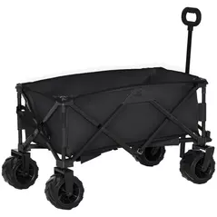 Outsunny Outdoor Folding Garden Trolley on Wheels, Capming Cargo Wagon Cart Trailer w/ Handle, Wheels for Beach Garden, Black - 1