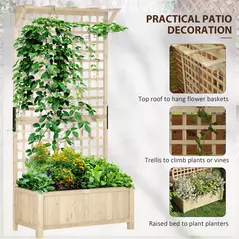 Outsunny Raised Bed with Drainage Holes, Wood Planter with Trellis for Climbing Plants to Grow Vegetables, Flowers, Natural - 4