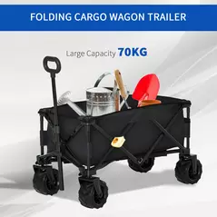 Outsunny Outdoor Folding Garden Trolley on Wheels, Capming Cargo Wagon Cart Trailer w/ Handle, Wheels for Beach Garden, Black - 7
