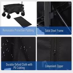 Outsunny Outdoor Folding Garden Trolley on Wheels, Capming Cargo Wagon Cart Trailer w/ Handle, Wheels for Beach Garden, Black - 5