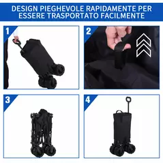 Outsunny Outdoor Folding Garden Trolley on Wheels, Capming Cargo Wagon Cart Trailer w/ Handle, Wheels for Beach Garden, Black - 6