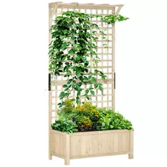 Outsunny Raised Bed with Drainage Holes, Wood Planter with Trellis for Climbing Plants to Grow Vegetables, Flowers, Natural - 1