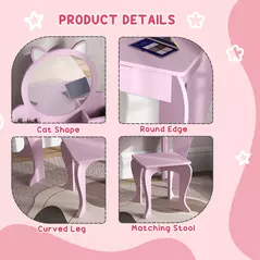 ZONEKIZ Kids Vanity Table with Mirror, Stool, Drawer, Storage Boxes, Cat Design, for Ages 3-6 Years - Pink - 7