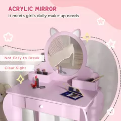 ZONEKIZ Kids Vanity Table with Mirror, Stool, Drawer, Storage Boxes, Cat Design, for Ages 3-6 Years - Pink - 6