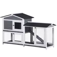 PawHut Wooden 2-Tier Rabbit Hutch w/ Tray Ramp Grey - 1