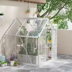 Outsunny 6 x 6ft Walk-In Greenhouse, Polycarbonate Greenhouse with Sliding Door, Window, Aluminium Frame, Foundation, Silver - 2