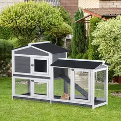 PawHut Wooden 2-Tier Rabbit Hutch w/ Tray Ramp Grey - 2