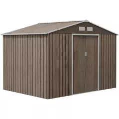 Outsunny 9 x 6ft Steel Garden Shed, Outdoor Storage Tool House with Vents, Foundation and Lockable Double Doors, Brown - 1