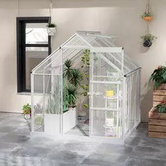 Outsunny 6 x 6ft Walk-In Greenhouse, Polycarbonate Greenhouse with Sliding Door, Window, Aluminium Frame, Foundation, Silver - 8