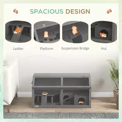 PawHut Hamster Cage, Wooden Small Animal Cage for Gerbils, Mice w/ Suspension Bridge, Openable Top, Hut, 85 x 45 x 44cm - Grey - 4