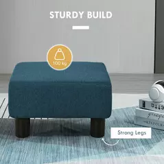 HOMCOM Linen Fabric Footstool Ottoman Cube with 4 Plastic Legs, Blue - 5