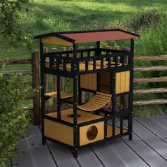 PawHut Outdoor Cat Shelter, Four-Tier Wooden Feral Cat House, with Suspension Bridge, Cat Houses, Balcony, Escape Doors - 9
