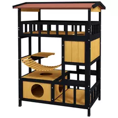 PawHut Outdoor Cat Shelter, Four-Tier Wooden Feral Cat House, with Suspension Bridge, Cat Houses, Balcony, Escape Doors - 1