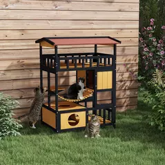 PawHut Outdoor Cat Shelter, Four-Tier Wooden Feral Cat House, with Suspension Bridge, Cat Houses, Balcony, Escape Doors - 2