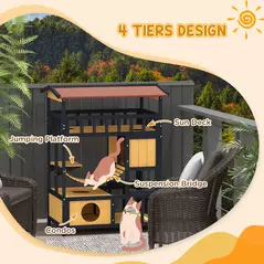 PawHut Outdoor Cat Shelter, Four-Tier Wooden Feral Cat House, with Suspension Bridge, Cat Houses, Balcony, Escape Doors - 4