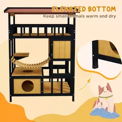 PawHut Outdoor Cat Shelter, Four-Tier Wooden Feral Cat House, with Suspension Bridge, Cat Houses, Balcony, Escape Doors - 7