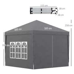 Outsunny 3 x 3 m Garden Pop Up Gazebo, Wedding Party Tent Marquee, Water Resistant Awning Canopy with Sidewalls, Windows, Carry Bag, Grey - 3