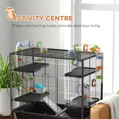 PawHut Large Hamster Cage, Gerbil Cage with Tubes, Storage Shelf, Ramps, Platforms, Running Wheel - Black - 4