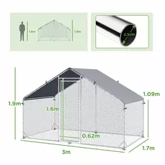 PawHut Large Chicken Coop, Galvanised Walk In Chicken Coop Hen House w/ Water-Resist Cover, 3 x 1.7 x 1.9m - 3