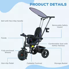 HOMCOM 6 in 1 Tricycle for Kids with 5-point harness straps, Removable Canopy, Dark Blue - 7