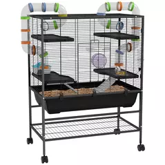 PawHut Large Hamster Cage, Gerbil Cage with Tubes, Storage Shelf, Ramps, Platforms, Running Wheel - Black - 1